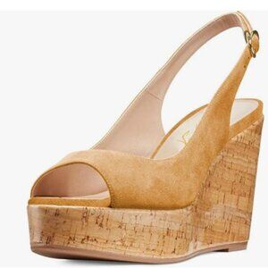 FOWT Khaki Peep Toe Slingback Platform Wedge High Heel Buckle Open Toe Sandals